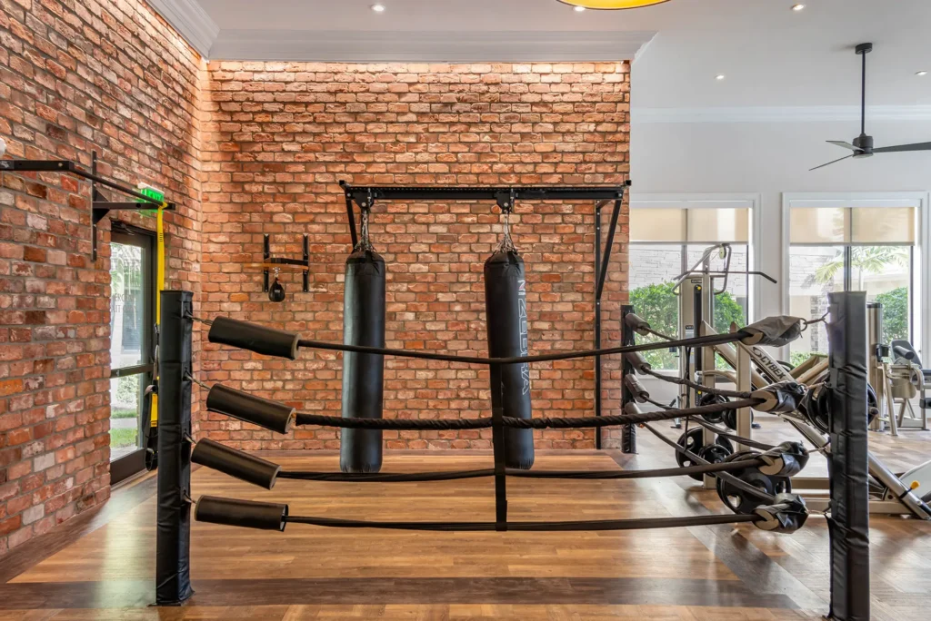 Boxing equipment in fitness center.