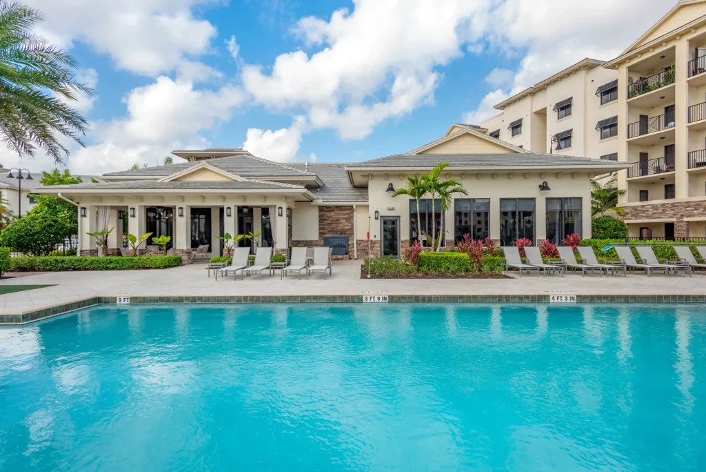 Pool with deck seating.